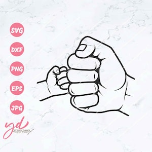 Può includere: Illustrazione in bianco e nero di due mani unite in un pugno. La mano più grande è a destra e la mano più piccola è a sinistra. Le mani sono in un design semplice e stilizzato.