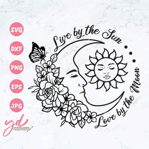 Viva pelo Sol, Ame pela Lua Svg | Lua Floral Svg | Astrologia Svg | Design de Camiseta Moderno Svg | Citação Svg | Lua com Flores Svg | PNG