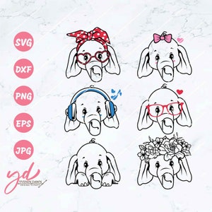 May include: Set of six digital clipart images featuring cute cartoon elephants with different accessories. The elephants are wearing glasses, a headband, headphones, a flower crown, and a bow.