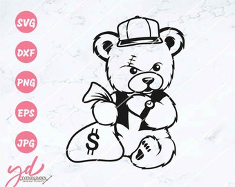 Gangster Bear SVG: Hooligan Teddy with Cap and Money Bag (Digital Files)