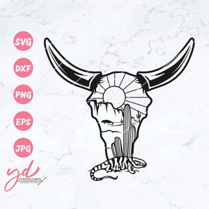 Cow Skull with Desert Scene Svg | Cow Skull Svg | Desert Svg | Cow Skull Desert Scene Southwest Svg | Boho Svg | Longhorn Buffalo Svg Png