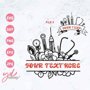 May include: Black and white digital design featuring a stethoscope, syringe, blood pressure cuff, thermometer, and pills with floral accents. The design includes the text "YOUR TEXT HERE".