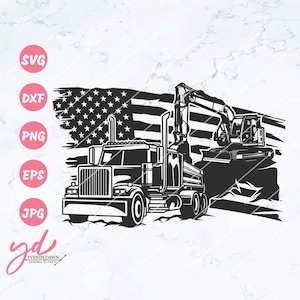US Dump Truck With Track Hoe Svg Png | Excavating Svg | US Excavator Svg | Truck Dad Svg | Trucker Svg | Dump Truck and Excavator Svg Png