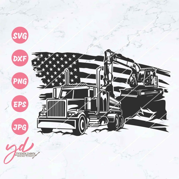 US Dump Truck With Track Hoe Svg Png | Excavating Svg | US Excavator Svg | Truck Dad Svg | Trucker Svg | Dump Truck and Excavator Svg Png