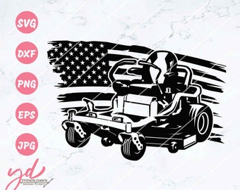 May include: Black and white silhouette of a riding lawnmower with an American flag in the background. The lawnmower is facing the right side of the image. The flag is tattered and faded, with the stars and stripes visible.