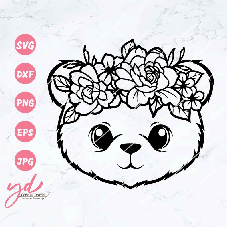 May include: Black and white line art illustration of a bear's face wearing a flower crown. The bear has large eyes and a small nose.