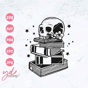Book Pile With Skull Svg Png | Halloween Svg | Skull Svg | Books Svg | Book Lover Svg | Bookworm Svg | Flower Book Svg | Librarian Teacher