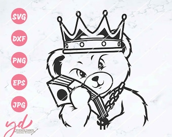 Orsacchiotto gangster con soldi Svg Png / Orsacchiotto gangster con corona Svg / Orsacchiotto hipster ragazzo alla moda Png / Animale gangster Svg / Orso Svg Png Eps