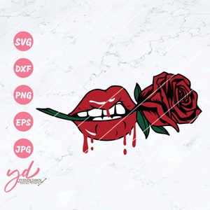 Lips Biting Rose Svg | Rose Svg | Flower Tattoo Design | Dripping Lips Svg | Red Lips Svg | Valentines Day Svg | Valentine Gift Idea | Png
