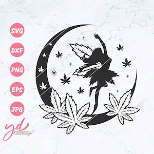 May include: Black and white silhouette of a fairy with wings made of marijuana leaves, dancing on a crescent moon with marijuana leaves around it.