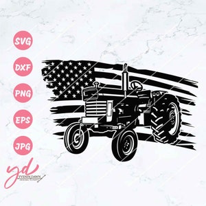 May include: Black and white silhouette of a tractor driving through a distressed American flag. The tractor has a large front tire and a smaller rear tire. The flag is faded and has a distressed look.
