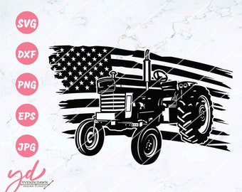 May include: Black and white silhouette of a tractor driving through a distressed American flag. The tractor has a large front tire and a smaller rear tire. The flag is faded and has a distressed look.