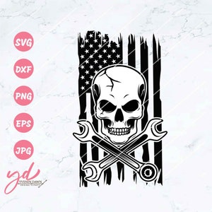 Patriotic Skull Mechanic SVG: US Flag Wrenches Graphic (Digital Files)