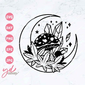 Pode incluir: Ilustração em preto e branco de um cogumelo com uma lua crescente, cristais e folhas. O cogumelo tem manchas brancas e é rodeado por folhas. A lua crescente está atrás do cogumelo e dos cristais.