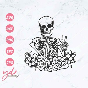 Floral Skeleton Peace Sign Svg Png | Human Skeleton Svg | Peace Sign Skeleton Svg | Skeleton with Florals Svg | Glowforge Cutfiles Clipart