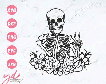 Floral Skeleton Peace Sign Svg Png | Human Skeleton Svg | Peace Sign Skeleton Svg | Skeleton with Florals Svg | Glowforge Cutfiles Clipart