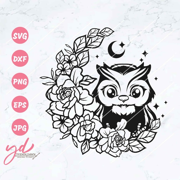Floral Owl on the Moon Svg | Owl With Flowers Svg | Owl Svg | Owl Bird Adorable Cute Svg | Cute Owl Svg | Cute Animal Svg | Owl Png Dxf Eps