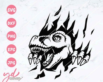 May include: Black and white vector illustration of a dinosaur head breaking through a wall. The dinosaur has sharp teeth and claws.