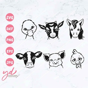 Farm Animals Bundle Svg | Cute Farm Animals Svg | Duck Goat Horse Cow Pig Chicken Svg | Cute Animal Face Svg | Animal Heads Svg | Farm Png