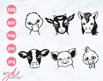 Farm Animals Bundle Svg | Cute Farm Animals Svg | Duck Goat Horse Cow Pig Chicken Svg | Cute Animal Face Svg | Animal Heads Svg | Farm Png