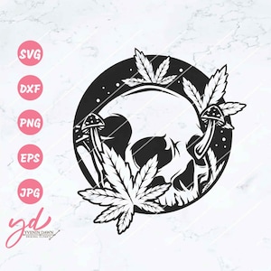 Peut inclure: Illustration en noir et blanc d'un crâne entouré de feuilles de marijuana et de champignons. Le crâne est au centre d'un cercle.