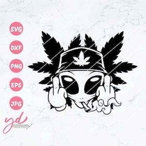 May include: Black and white illustration of an alien wearing a marijuana leaf bandana and smoking a joint. The alien is giving the middle finger with both hands. The alien is surrounded by marijuana leaves.