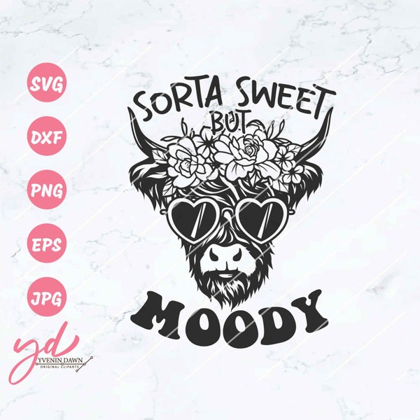 Sorta Sweet But Moody Svg Png | Highland Cow Svg | Cute Highland Cow Face Svg | Floral Highland Cow Svg | Cow Svg | Cow Shirt Vector Clipart