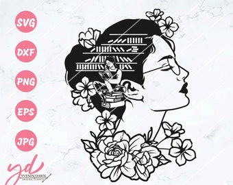 Book Lover Svg | Book Girl Svg | Bookish Svg | Book Worm Svg | Reading Svg | Floral Woman Svg | Book Reading Scene Svg | Book Lover Png Dxf