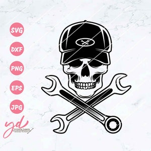 Skull Mechanic SVG: Wrenches Logo, Cutting Files (Digital Download)