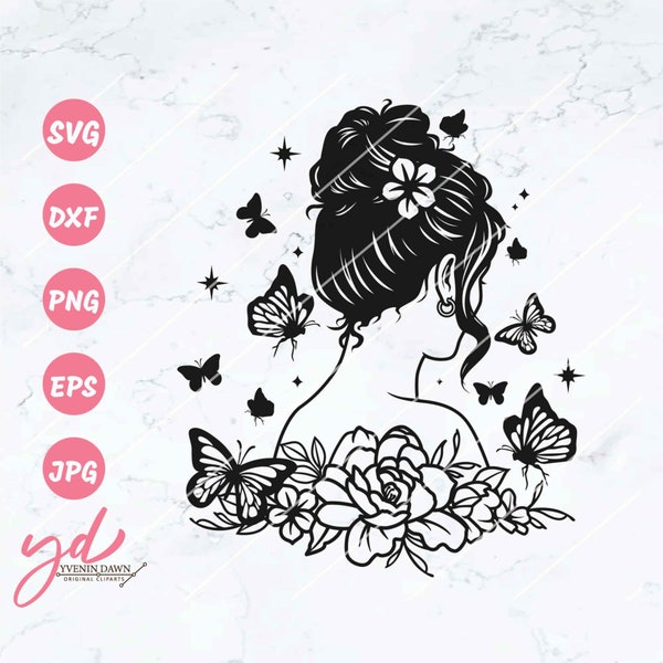 Woman With Florals and Butterfly Svg | Floral Woman Svg | Flowers Svg | Floral Svg | Messy Bun Hair Svg | Mystical Svg | Magical Svg | Png