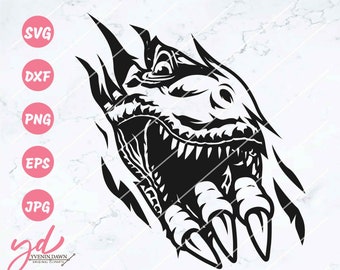 May include: Black and white illustration of a dinosaur head with sharp teeth and claws, emerging from a ripped background.