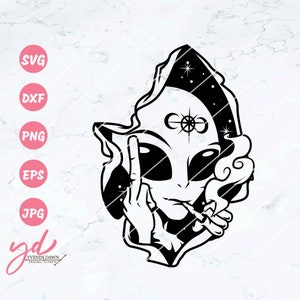 May include: Black and white illustration of an alien smoking a cigarette and giving the middle finger. The alien has three eyes and is surrounded by a starry sky.