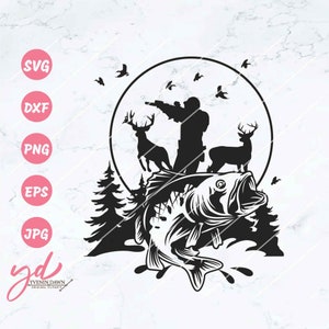 Hunting Scene SVG: Bass Fishing, Deer Antler Adventure (Digital Files)