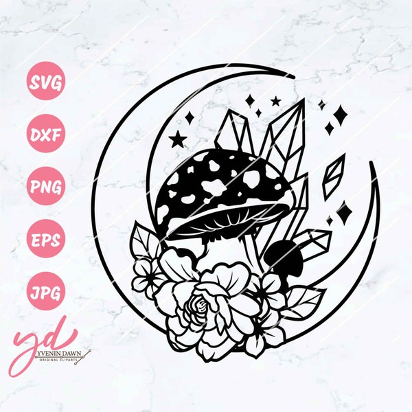 Magic Crystals Svg | Crystal Flowers Svg | Floral Mushroom With Magic Crystals | Crystal Moon Flowers Svg | Crystal Floral Svg | Magical Png