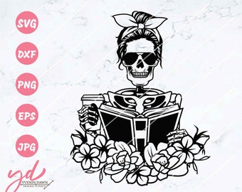 Skeleton Holding Book Svg | Skeleton Reading Book Svg | Book Lover Svg | Messy Bun Hair | Caffeinated Svg | Dead Inside | Bookworm Svg | Png