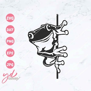 May include: Black and white silhouette of a frog peeking around a corner. The frog is smiling and has its arms and legs outstretched.