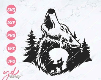 Howling Wolf Scene SVG PNG: Wild Animal Clipart (Digital Download)