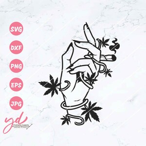 Può includere: Illustrazione in bianco e nero di una mano che tiene una canna di marijuana con foglie di marijuana che circondano la mano.