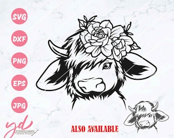 Floral Highland Cow SVG PNG: Farm Animal Clipart (Digital Download)