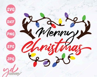 Merry Christmas Svg | Merry Christmas Saying Svg | Christmas Clip Art | Deer Antlers | Christmas Lights | Christmas Cut Files | Cricut | Png