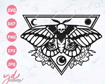 May include: Black and white illustration of a moth with a skull and eyes inside a triangle with a crescent moon and a star. The moth is surrounded by flowers.