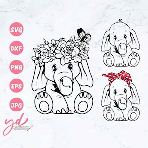 Baby Elephant Svg | Elephant Svg | Cute Svg | Floral Elephant Svg | Elephant With Flowers | Elephant With Bandana | Elephant Sitting | Png