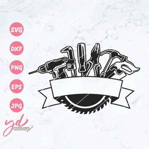 May include: Black and white silhouette of a saw blade with a banner and various tools, including a hammer, screwdriver, wrench, and drill. The tools are arranged around the saw blade and the banner is blank.