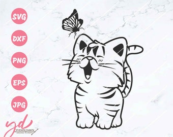 Cute Curious Kitten Svg Png | Cute Cat Svg | Cat Svg | Kitten Svg | Cat with Butterfly Svg | Cute Cat Face Svg | Butterfly Svg | Cat Png Eps