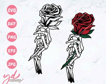 Skeleton Hand Holding Rose SVG: Skull Tattoo Design (Digital Files)