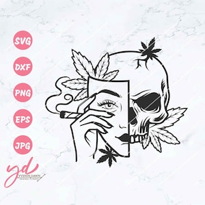May include: Black and white line art illustration of a skull with a woman's face behind it. The skull is partially covered by a marijuana leaf. The woman is holding a marijuana joint in her hand.