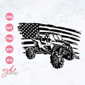 May include: Black and white silhouette of an off-road vehicle with a distressed American flag behind it.