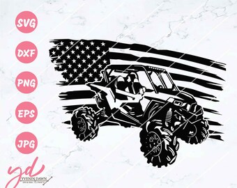 May include: Black and white silhouette of an off-road vehicle with a distressed American flag behind it.