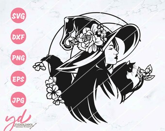May include: Black and white silhouette of a witch with a pointed hat, flowers, a raven, and a cat. The witch is standing in front of a crescent moon.