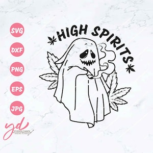 May include: Black and white line art illustration of a ghost smoking a joint with the text "HIGH SPIRITS" above the ghost and a marijuana leaf on either side of the text.